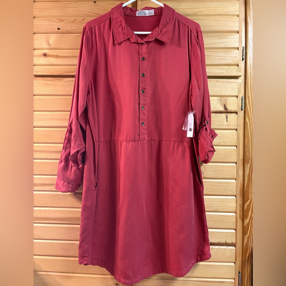 TIME & TRU Button Down Long Sleeve Lyocell Shirt Dress, Size L, Red Rum